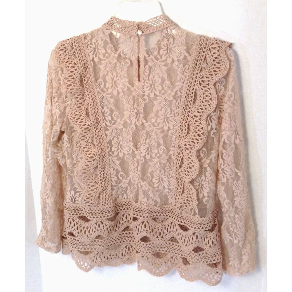Crochet Lace Embroidered Top Wn S Beige Long Sleeve Blouse Sheer Fairy Boho Y2K